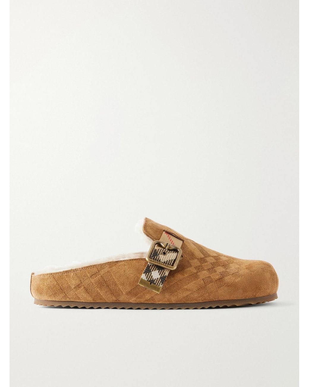 Burberry Brown Urchin Check Shearling-Trimmed Clogs