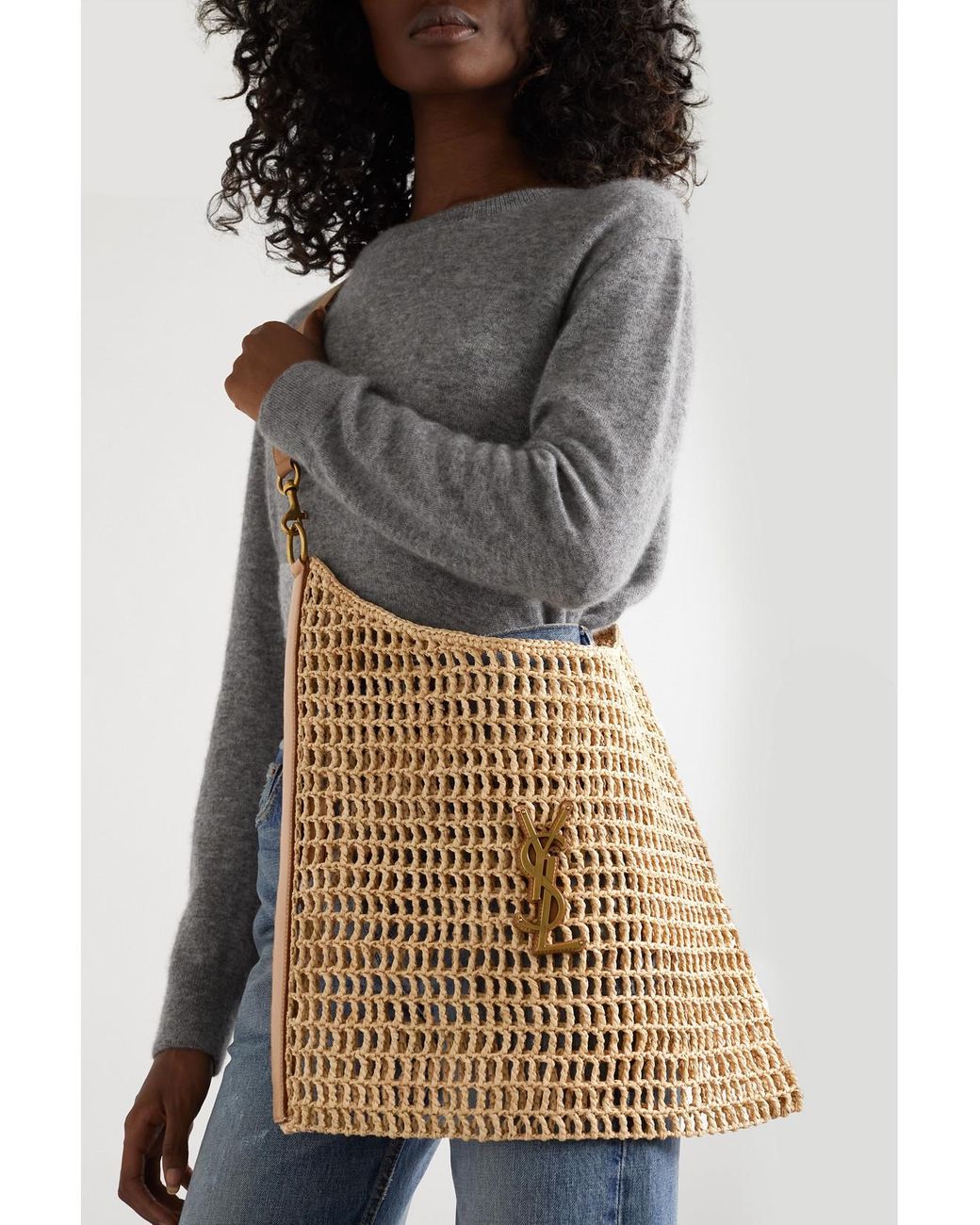 Saint Laurent Natural Oxalis Leather-Trimmed Crocheted Raffia Shoulder Bag