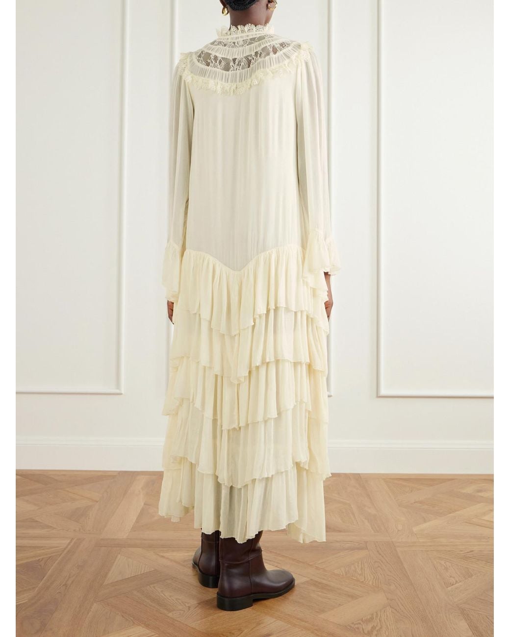 Sea White Margaret Ruffled Tiered Lace-Trimmed Chiffon Maxi Dress