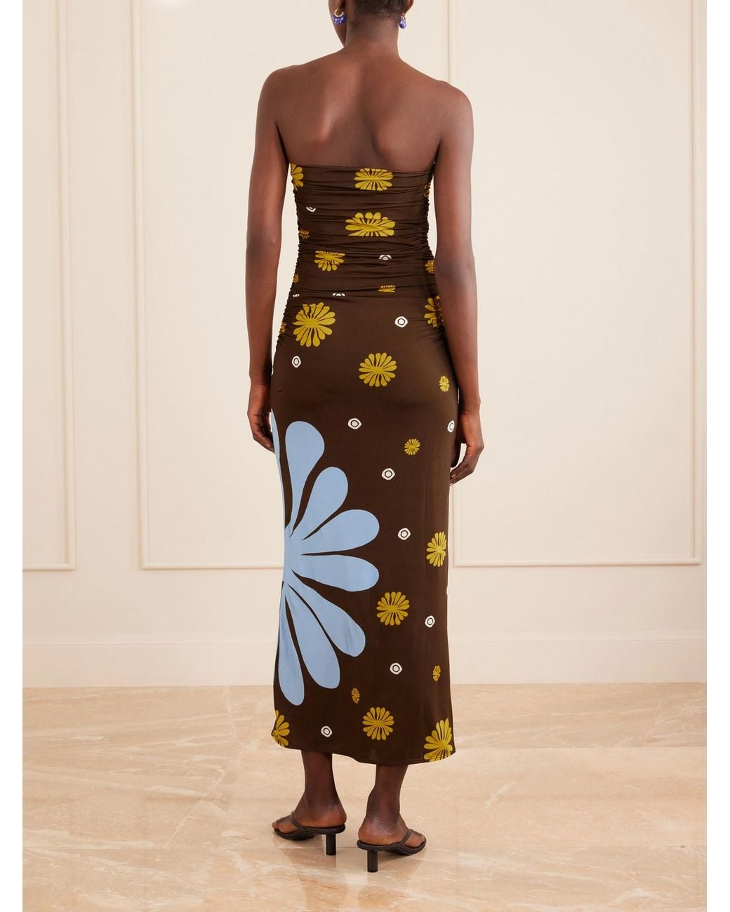 Cala De La Cruz White Daphne Ruched Printed Jersey Midi Dress