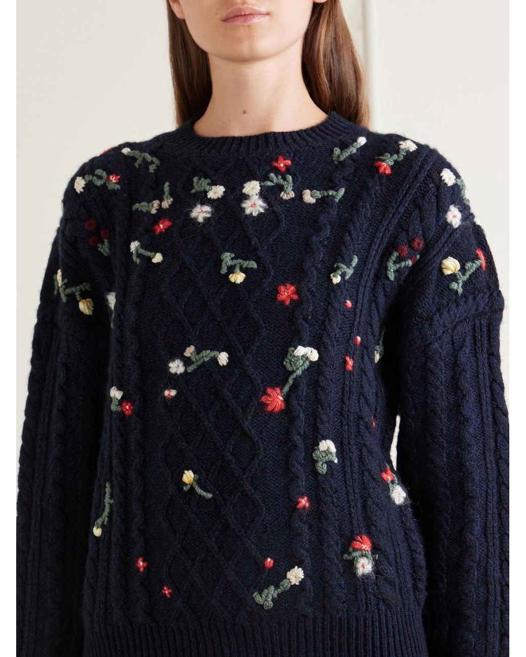 Khaite Blue Elias Embroidered Cable-Knit Cashmere Sweater