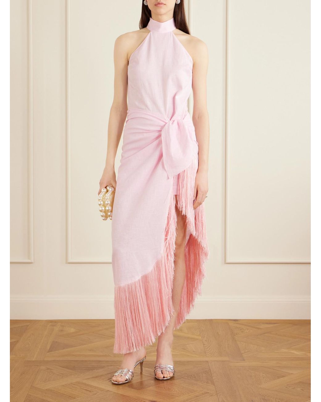 Taller Marmo Pink Athena Halterneck Fringe-Trimmed Linen Midi Dress