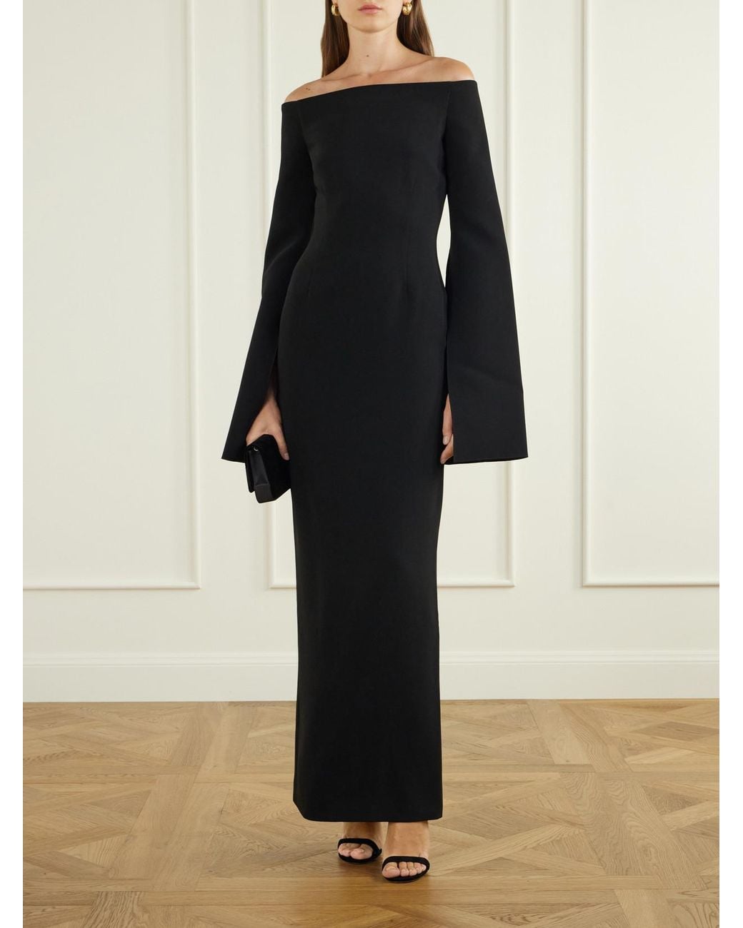 Solace London Black Marcella Off-The-Shoulder Crepe Gown
