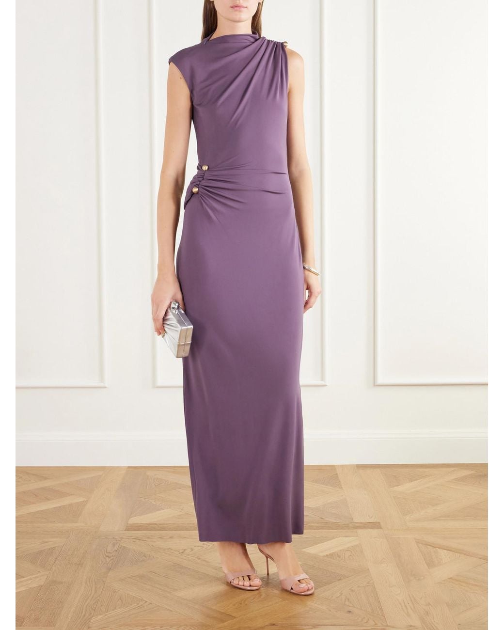 Cult Gaia Purple Izola Embellished Ruched Jersey Maxi Dress
