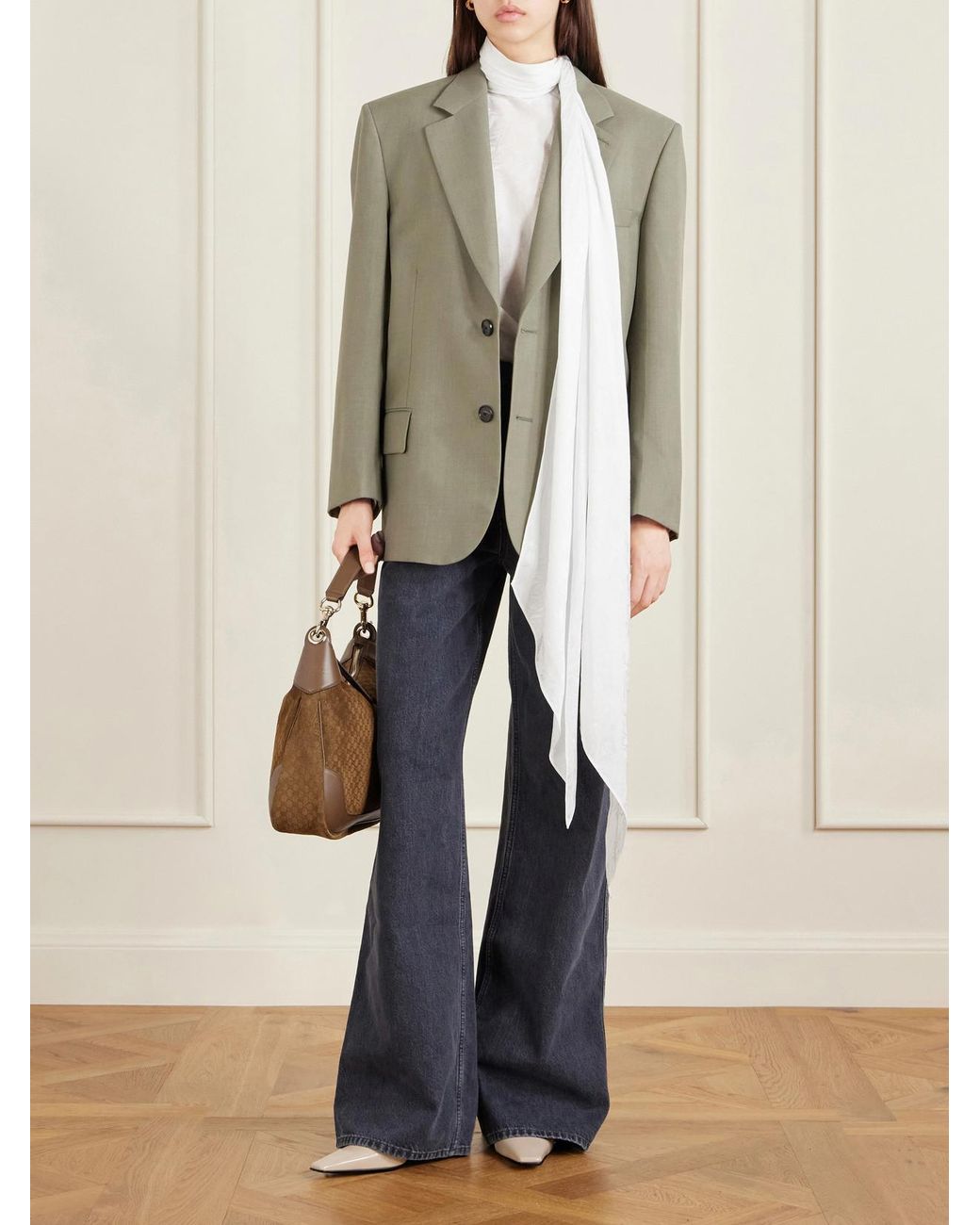 Gucci Brown B Medium Leather-Trimmed Debossed Suede Shoulder Bag