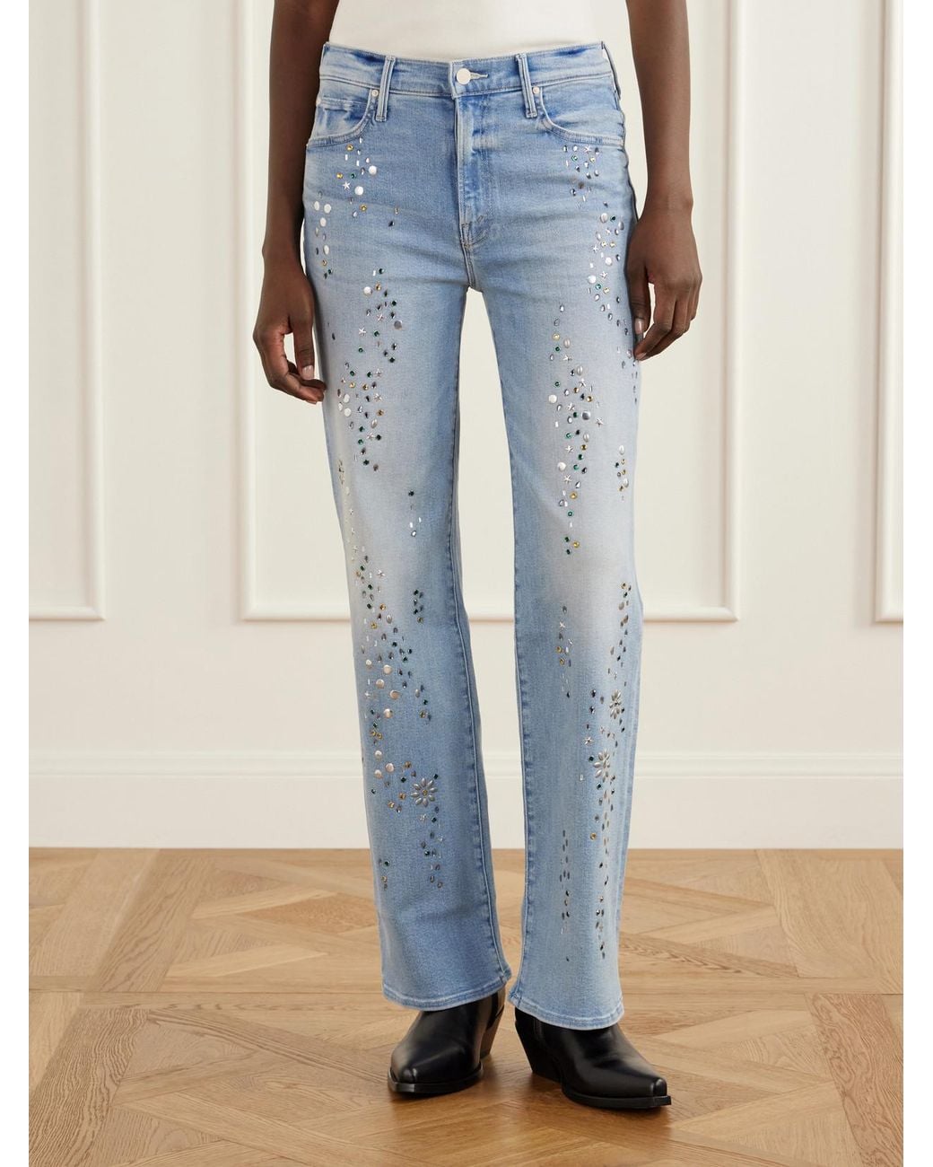 Mother Blue The Kick It Embellished Stretch High-Rise Straight-Leg Jeans