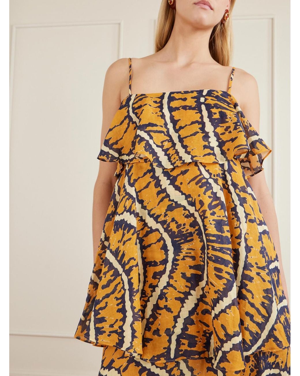 ALÉMAIS Metallic Ripple Tiered Printed Ramie Maxi Dress