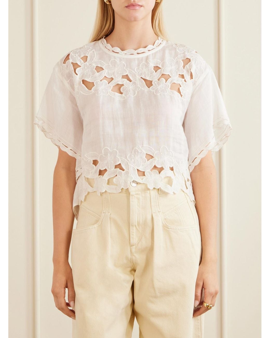 Isabel Marant White Relda Cropped Embroidered Ramie Blouse