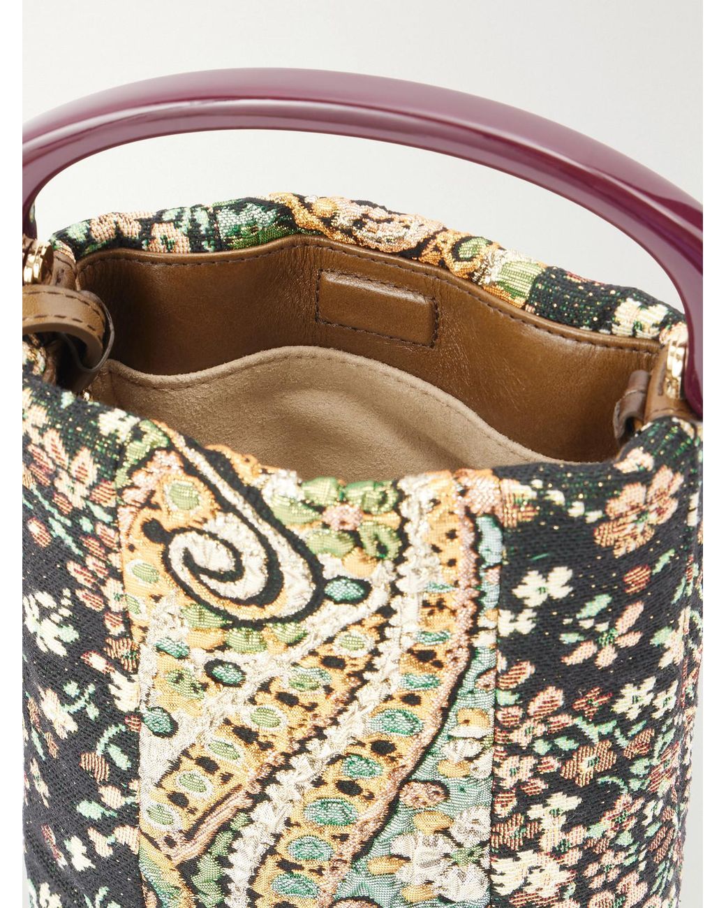 Dries Van Noten Brown Leather-Trimmed Metallic Floral-Jacquard Top-Handle Bag