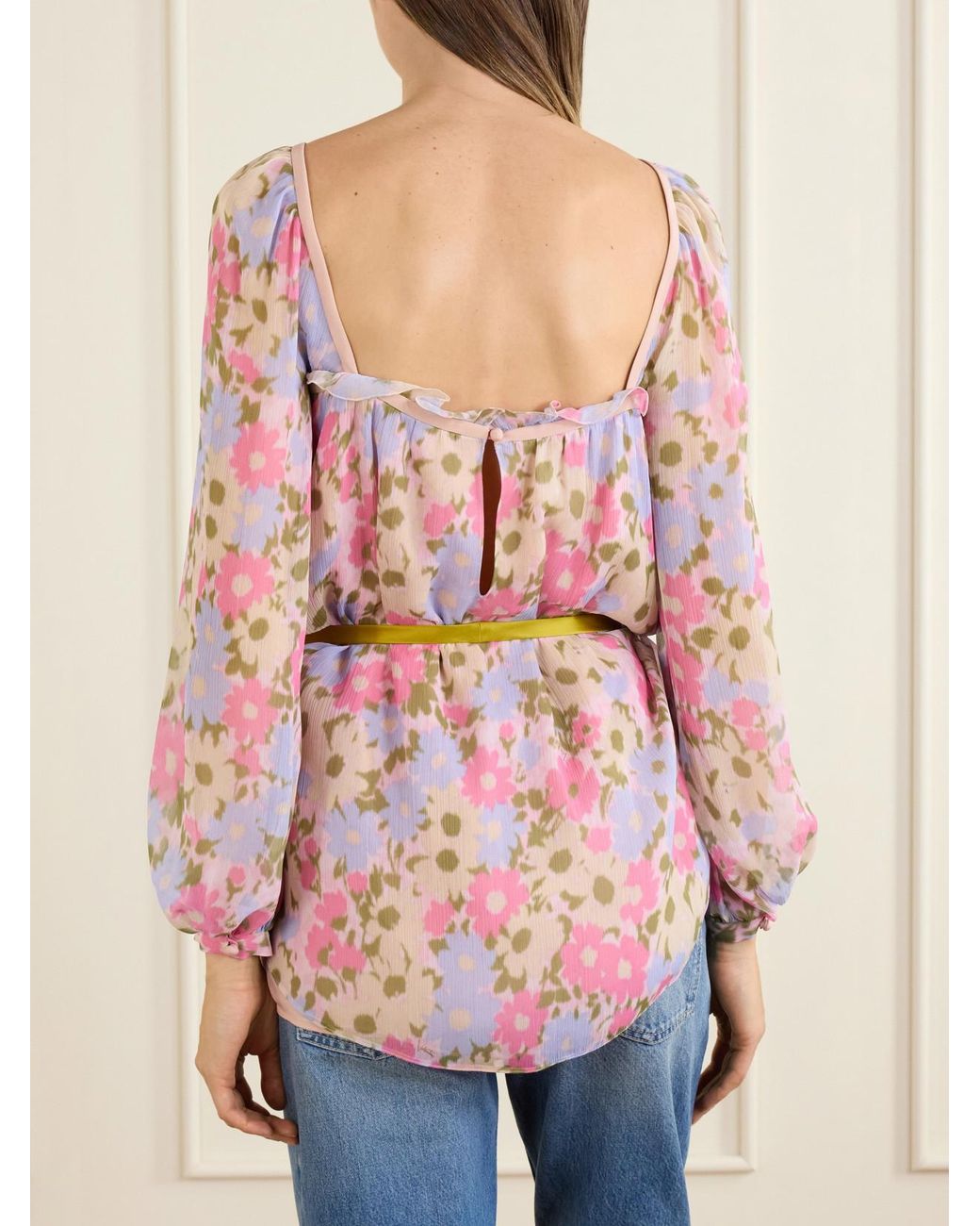Valentino Garavani Pink Belted Floral-Print Silk-Georgette Blouse