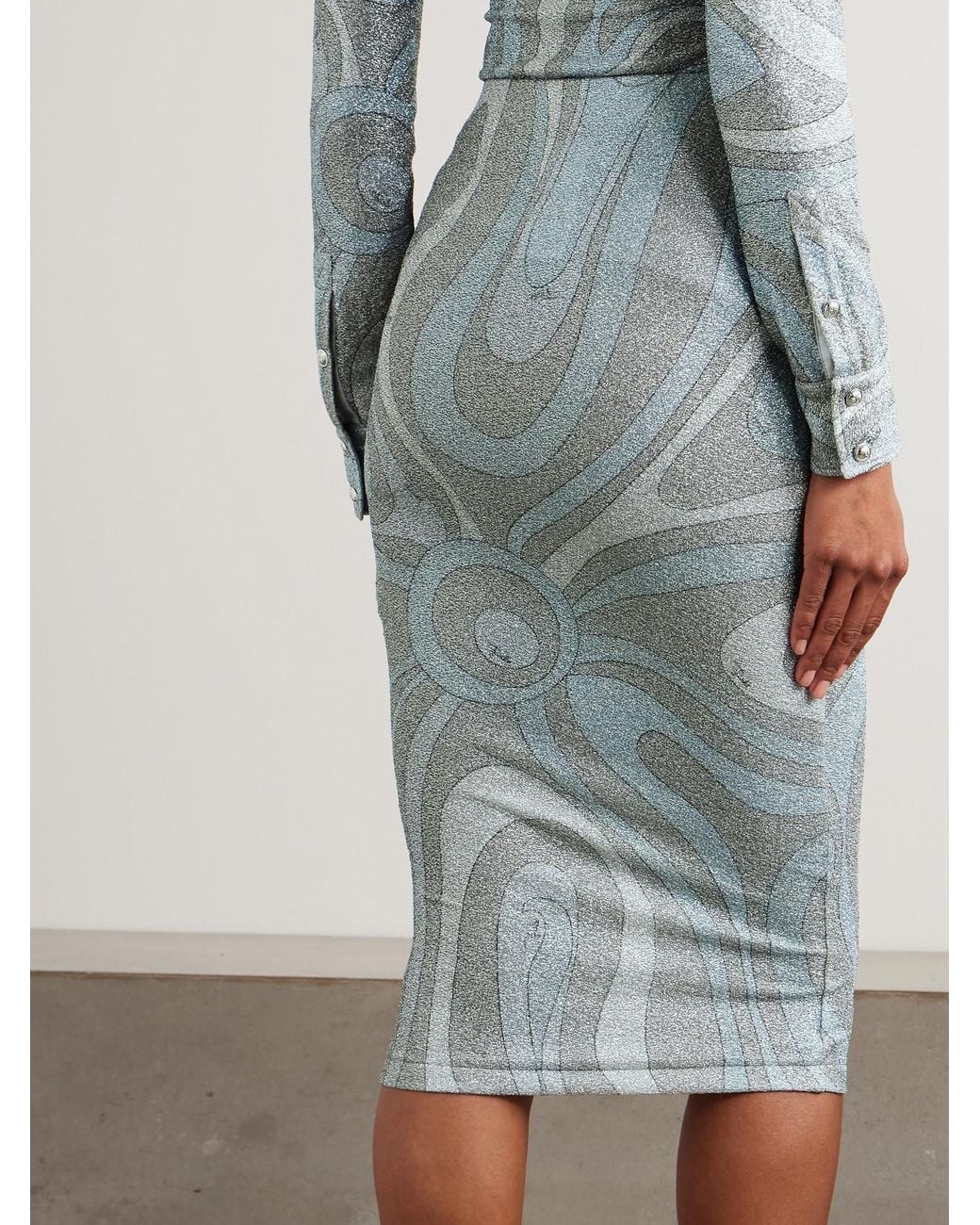 Emilio Pucci Blue Printed Metallic Jersey Midi Skirt