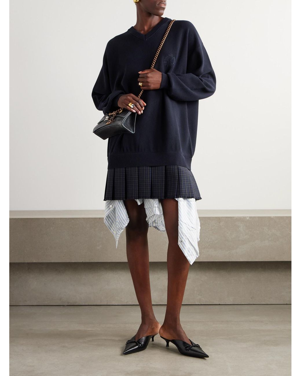 Balenciaga Blue Layered Wool-Trimmed Embroidered Cotton Mini Dress