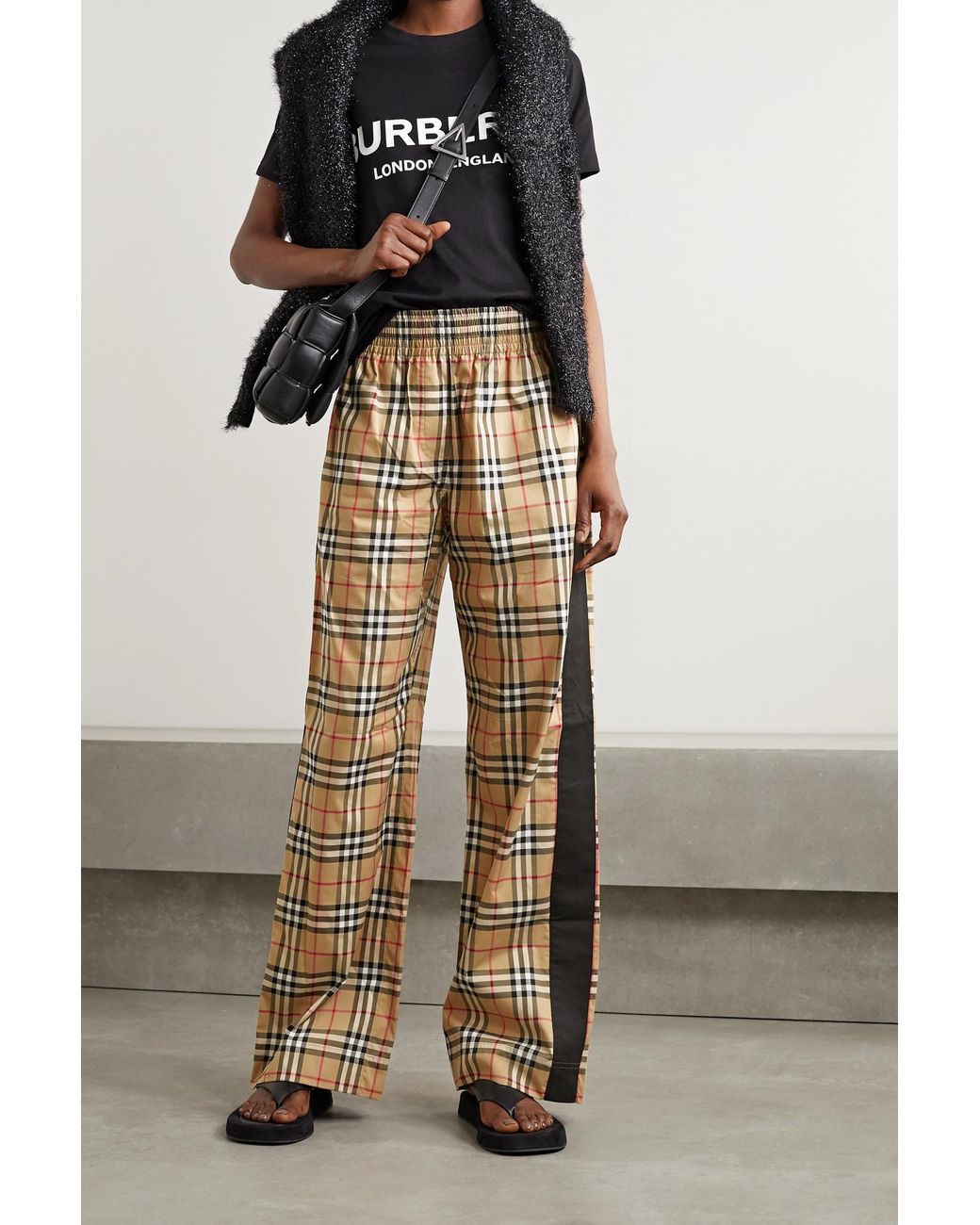 Burberry Striped Checked Cotton-blend Wide-leg Pants | Lyst