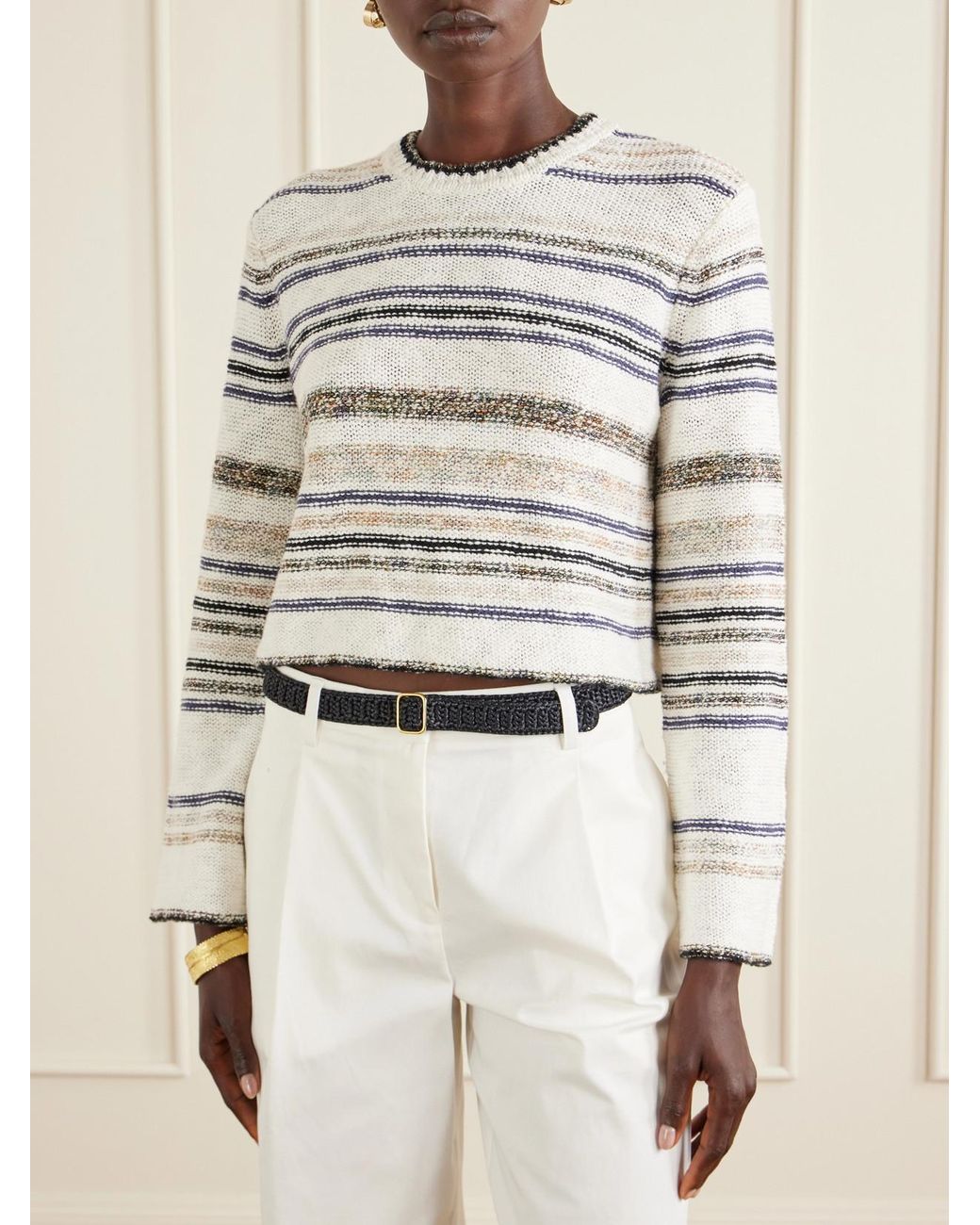 James Perse Gray Striped Knitted Cotton-Blend Sweater