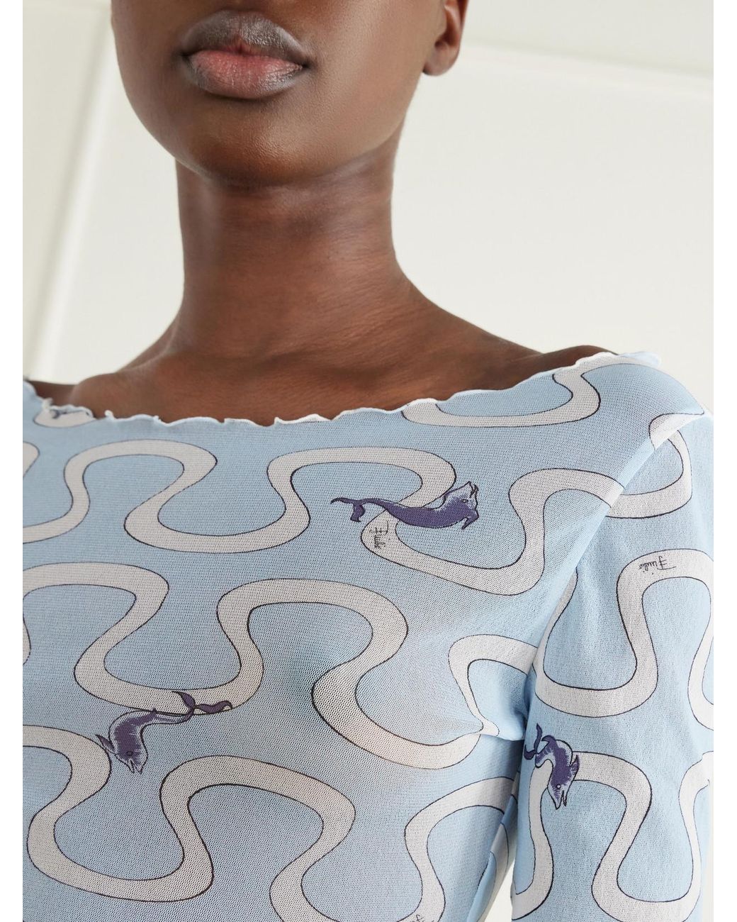 Emilio Pucci Blue Printed Stretch-Tulle Top