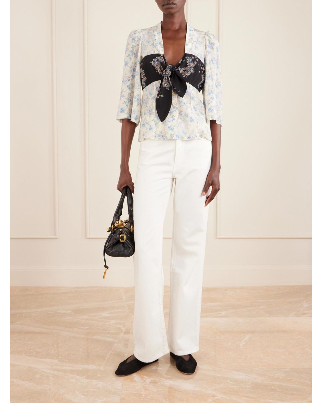 Maison Mayle White Kazu Floral-Print Silk Top