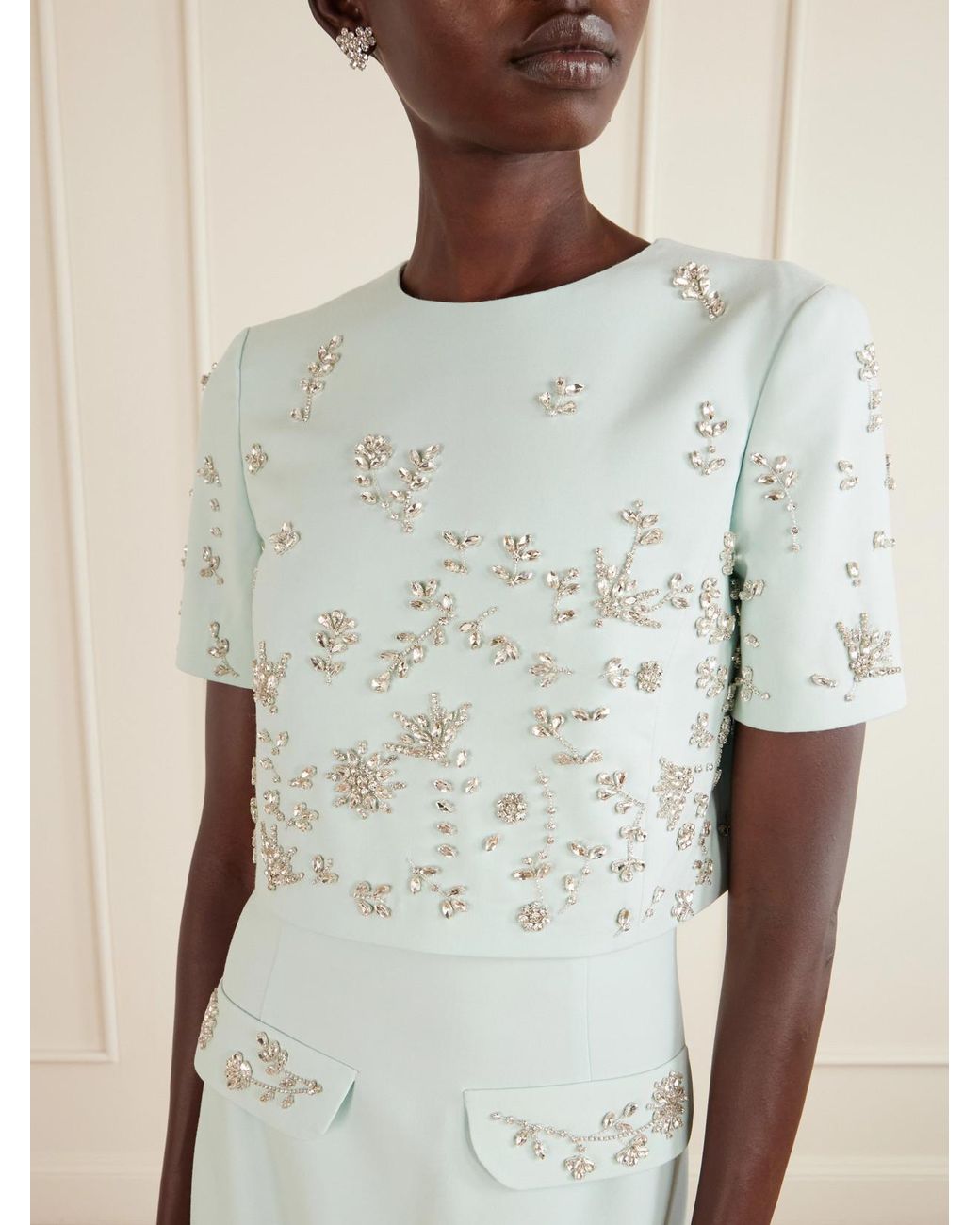 Oscar de la Renta Blue Crystal-Floral Embroidered Stretch-Wool Gown