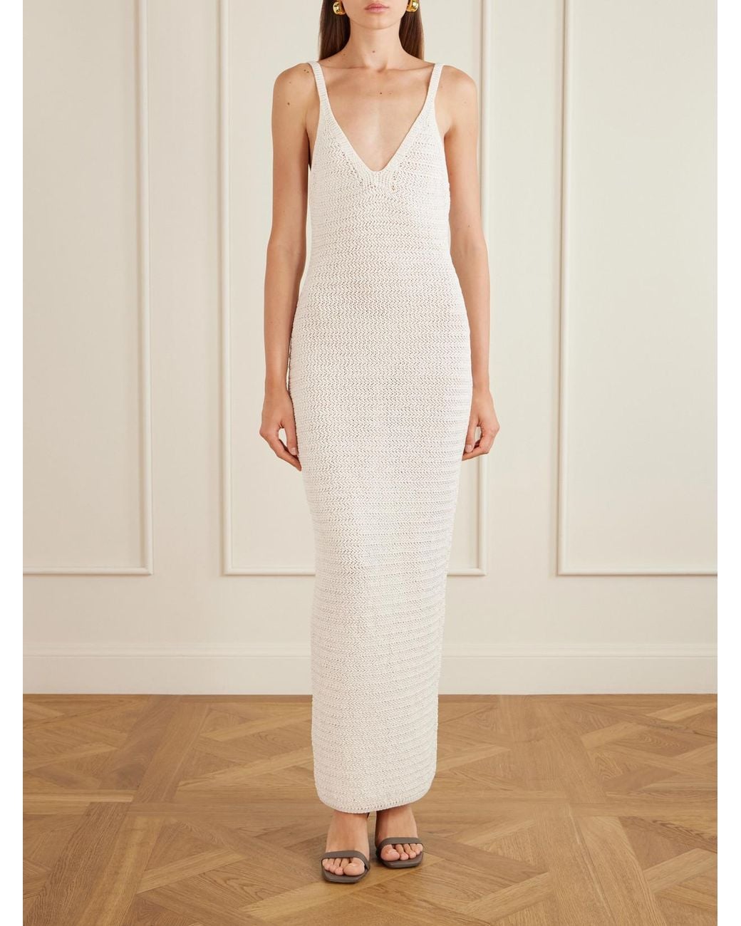Balmain White Crochet-Knit Maxi Dress