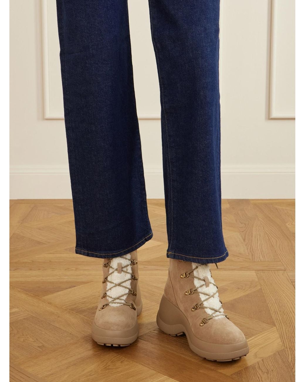 Moncler Natural Resile Trek Plush-Trimmed Suede Ankle Boots