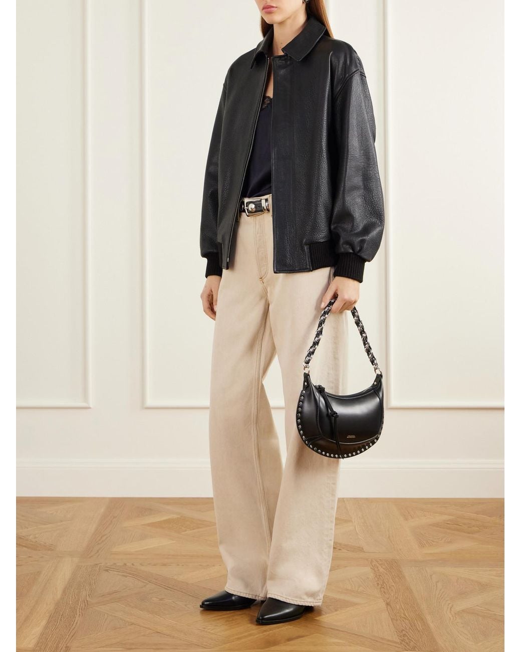 Isabel Marant Black Oskan Moon Studded Leather Shoulder Bag
