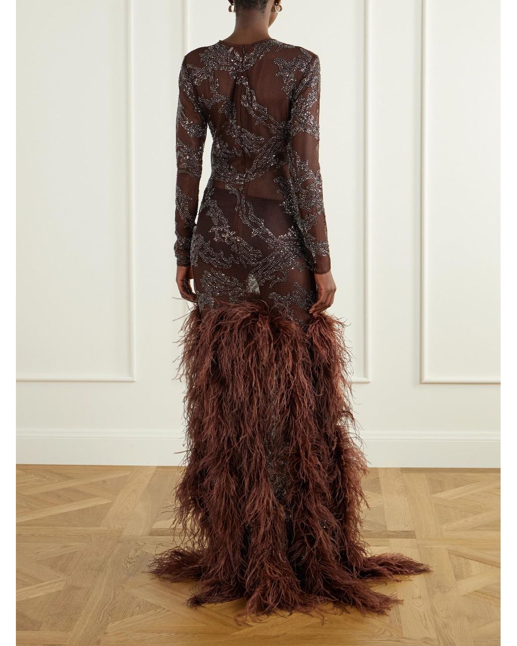 Ilkyaz Ozel Brown Byblos Feather-Trimmed Sequin-Embellished Mesh Gown