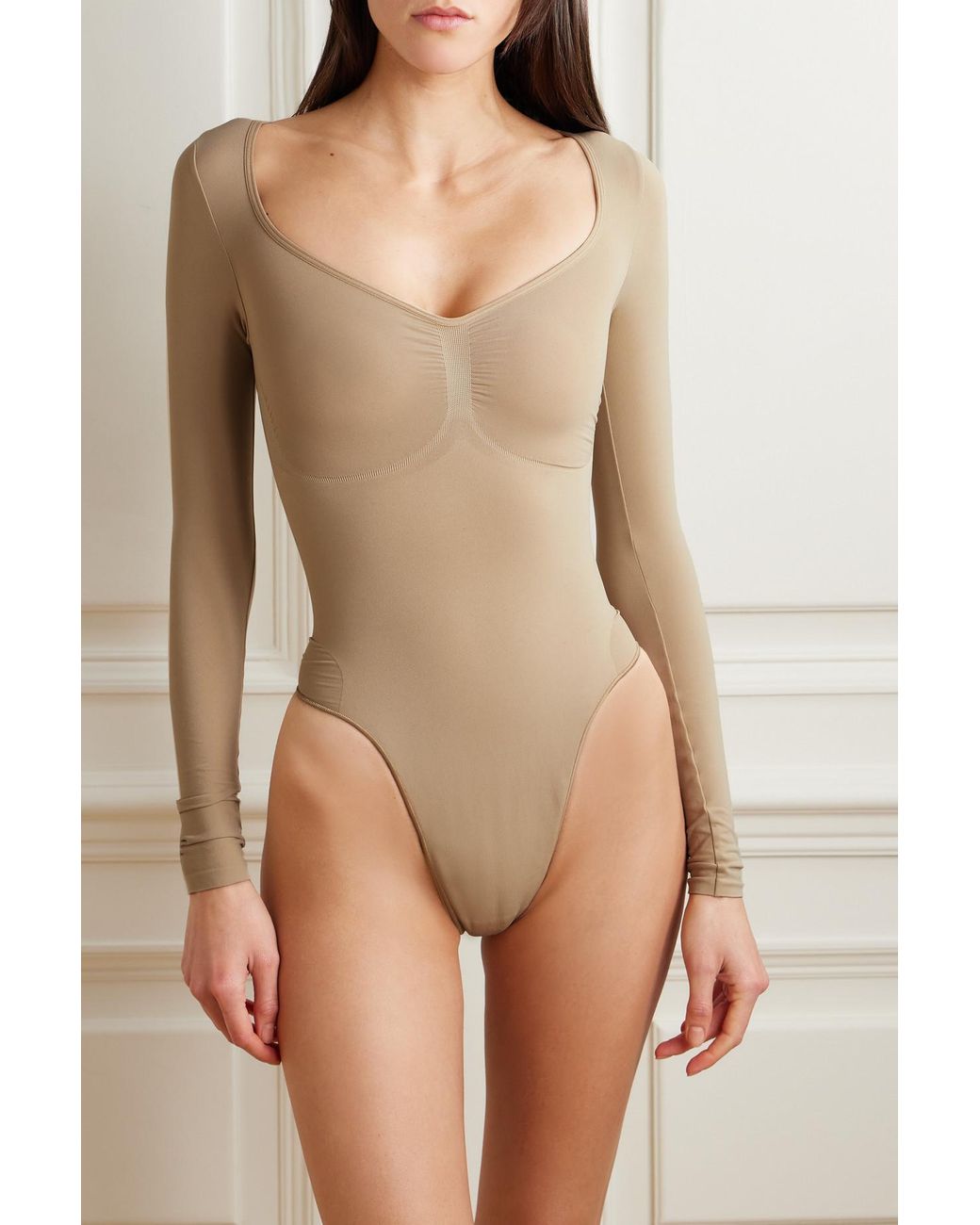 Skims Seamless Sculpt Long Sleeve Thong Bodysuit in Natural