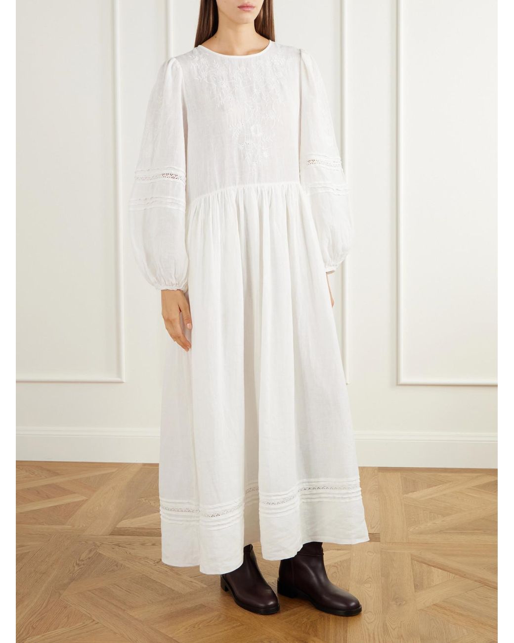 SKALL White Velina Gathered Floral-Embroidered Lace-Trimmed Linen Midi Dress