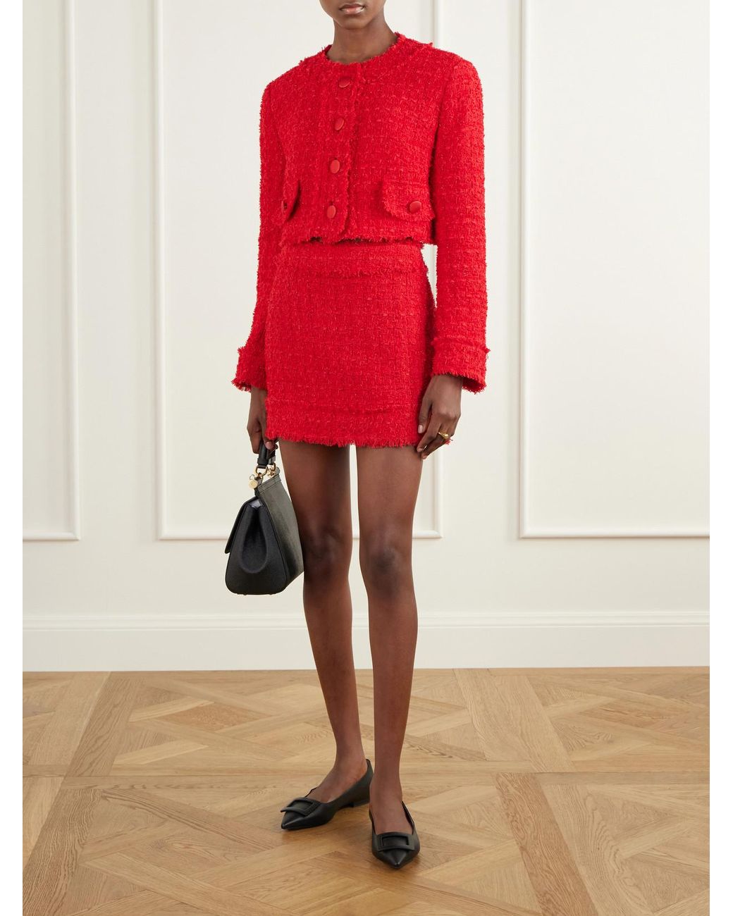 Dolce & Gabbana Red Cropped Frayed Cotton-Blend Tweed Jacket