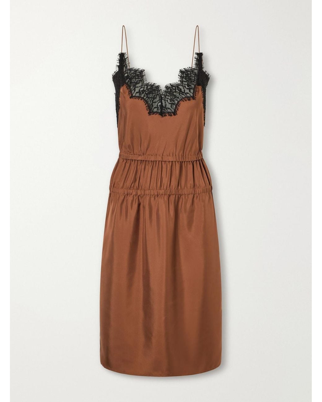 Rohe Brown Camura Lace-Trimmed Shirred Silk-Satin Midi Dress