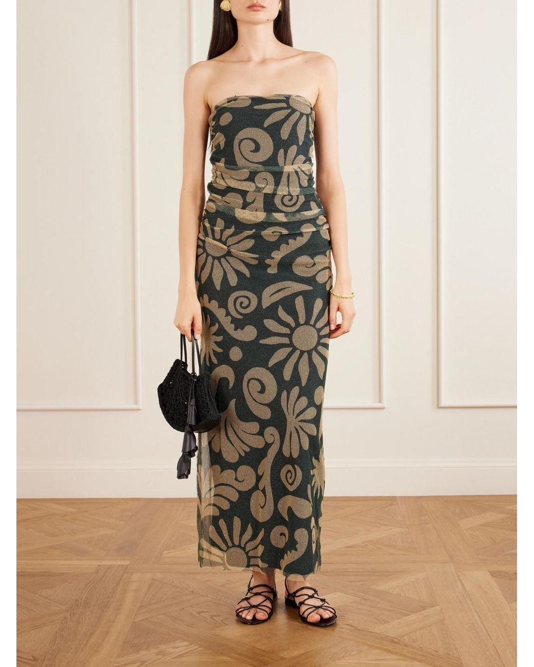 Cala De La Cruz Black Daphne Ruched Printed Mesh Midi Dress