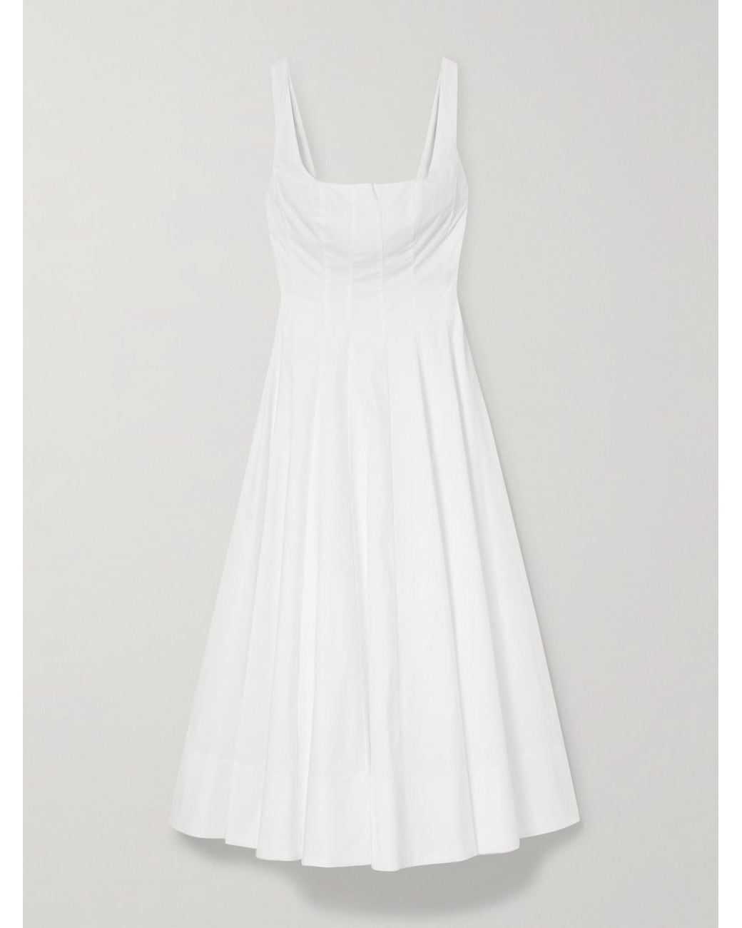 Staud White Wells Pleated Cotton-Blend Poplin Midi Dress
