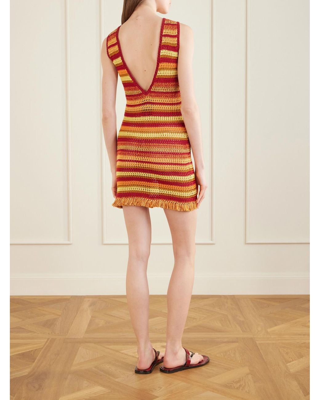 Escvdo Orange Nevado Fringed Striped Crocheted Cotton Mini Dress