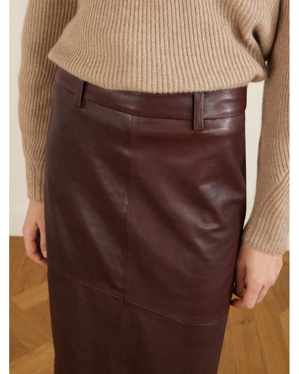 Brunello Cucinelli Brown Paneled Leather Midi Skirt