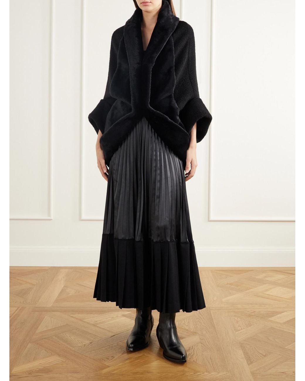 Junya Watanabe Black Layered Pleated Wool-Blend Flannel And Satin Maxi Skirt