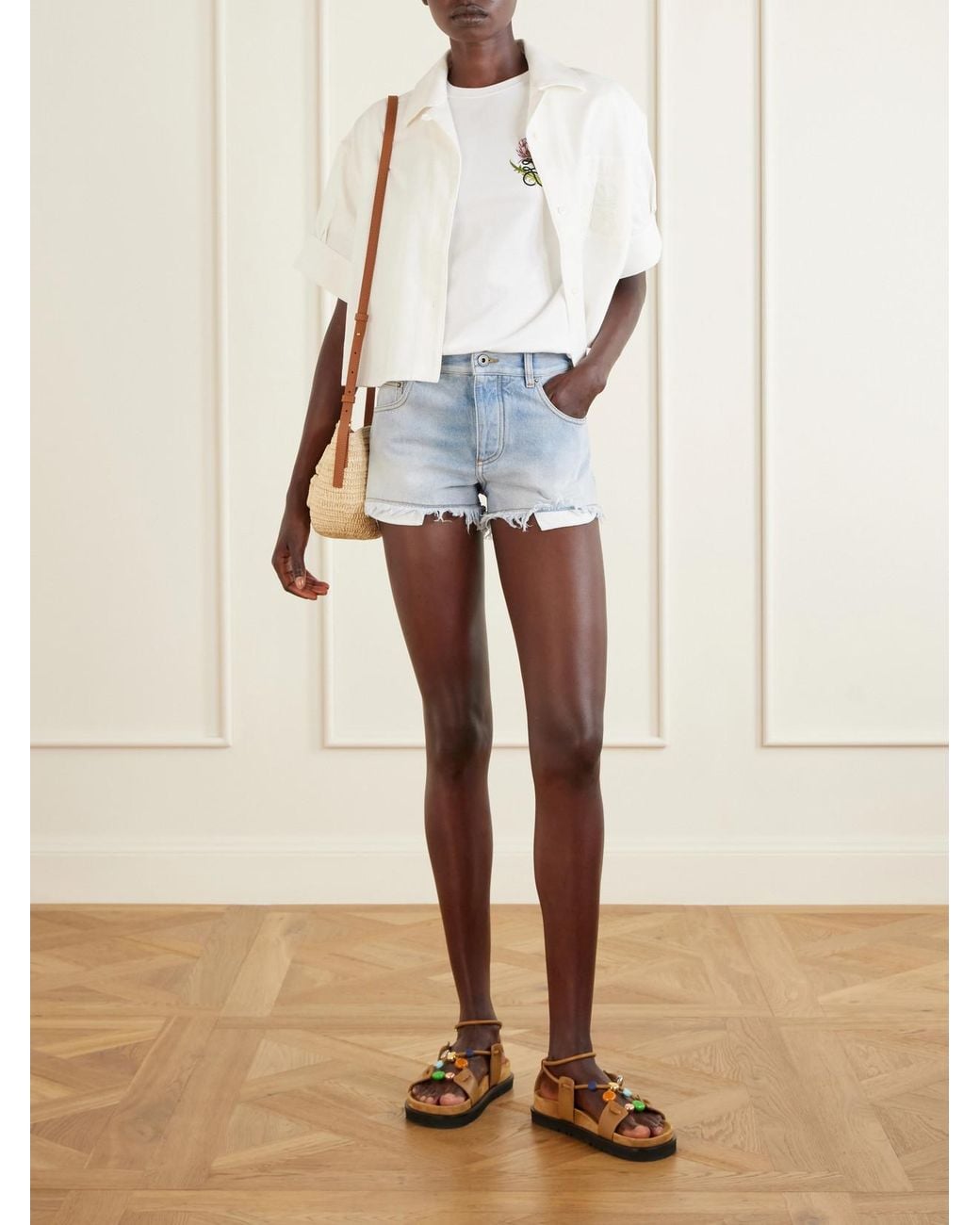Loewe Blue Paula's Ibiza Anagram Distressed Straight-Leg Denim Shorts