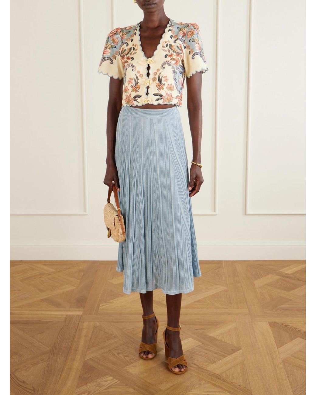 Zimmermann Blue Aster Metallic Ribbed-Knit Midi Skirt