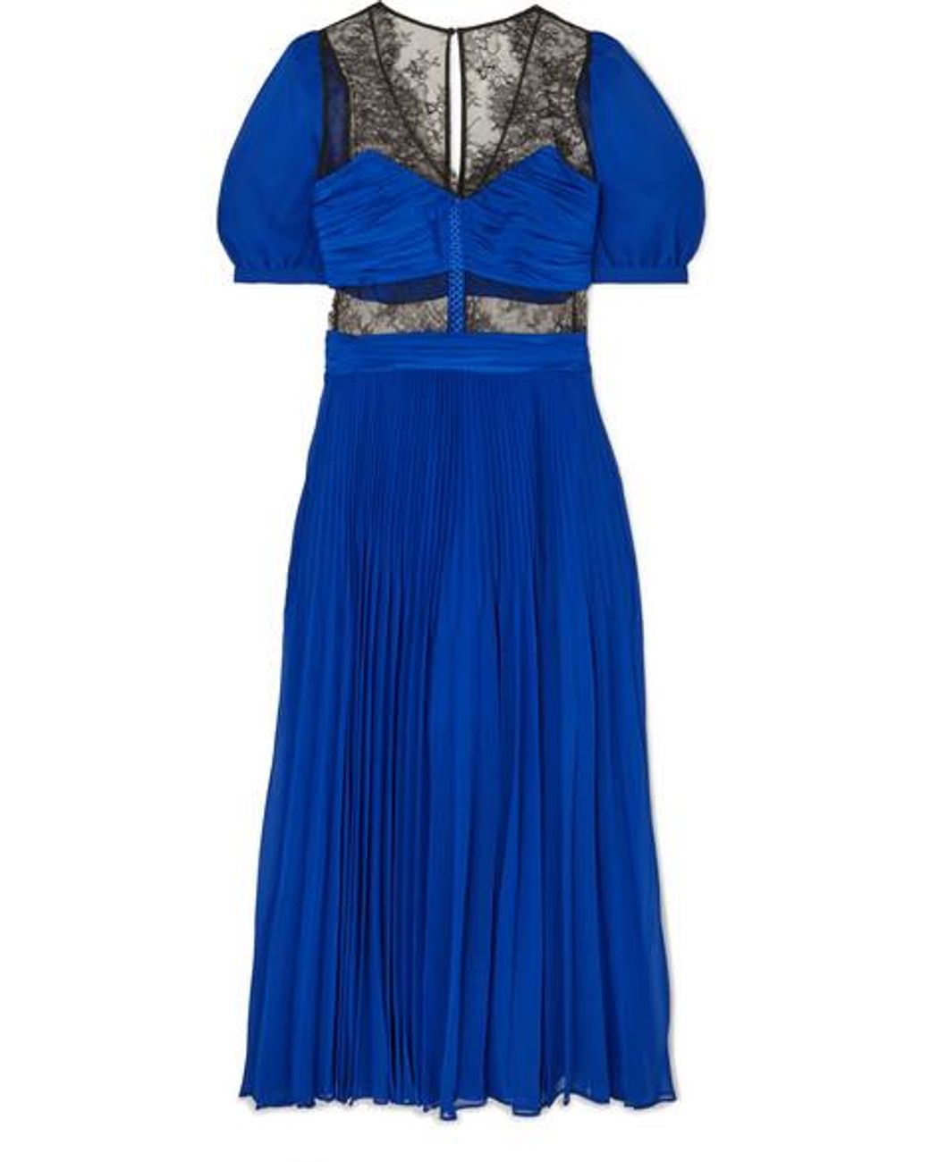 Self-Portrait Lace-paneled Pleated Chiffon Midi Dress in Blue | Lyst