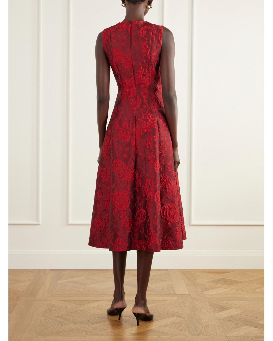 Emilia Wickstead Red Mara Pleated Floral-Cloqué Midi Dress