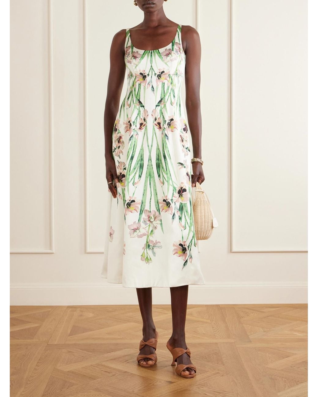 Erdem White Floral-Print Duchess-Satin Midi Dress