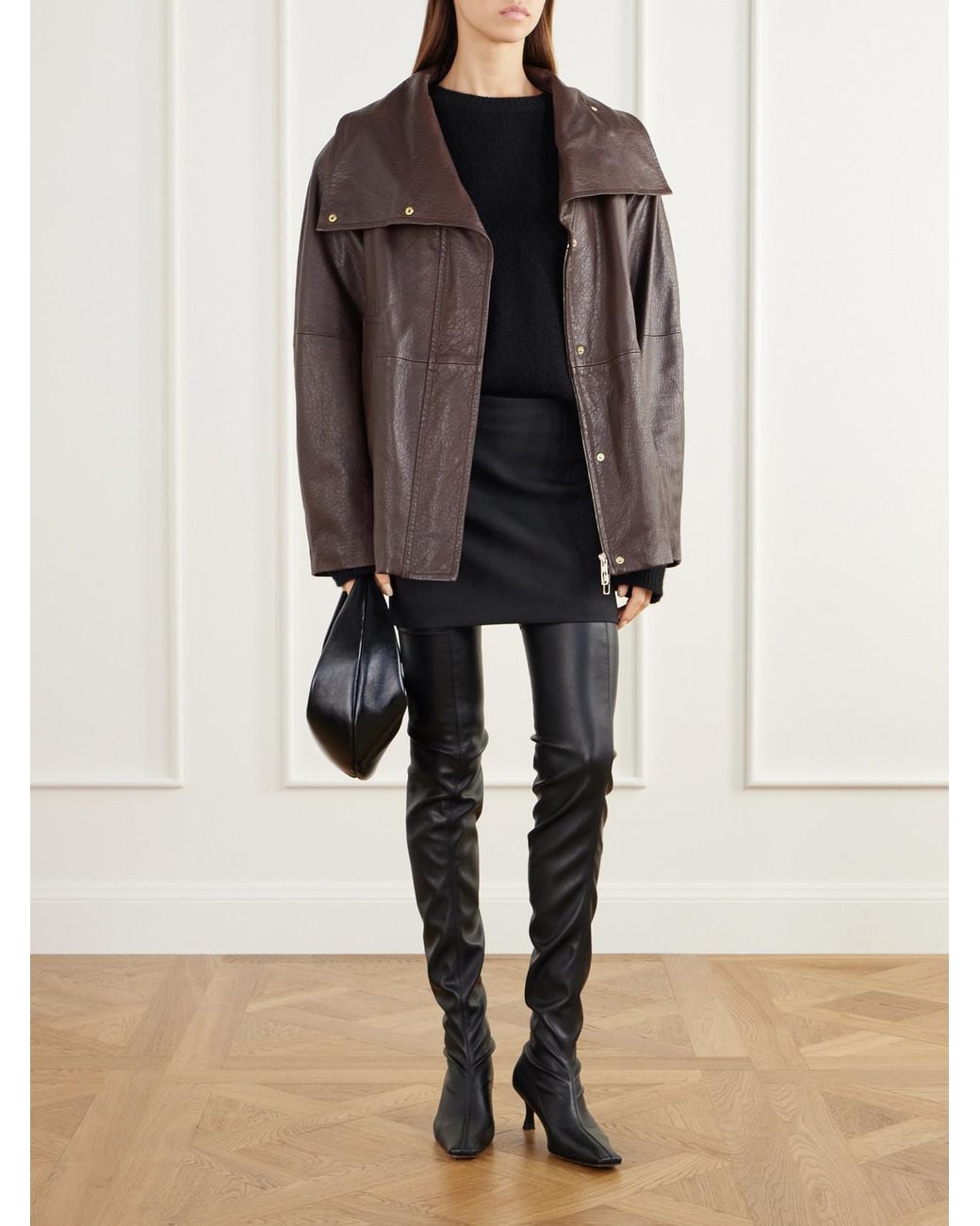 Sportmax Brown Salaggio Funnel-Neck Paneled Hammered And Glossed Leather Jacket