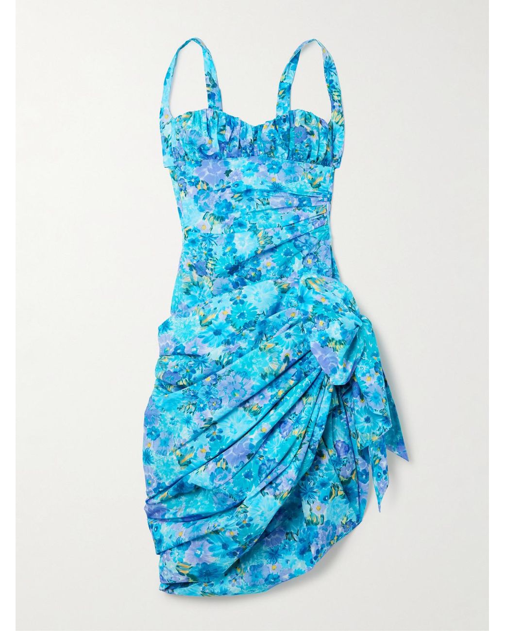 Chloé Blue Asymmetric Bow-Detailed Draped Gathered Floral-Print Cotton Mini Dress