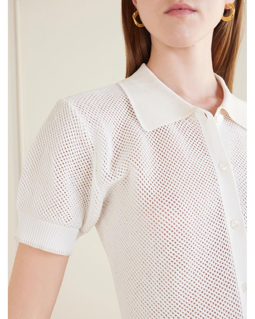 Stella McCartney White Open-Knit Cotton Polo Shirt
