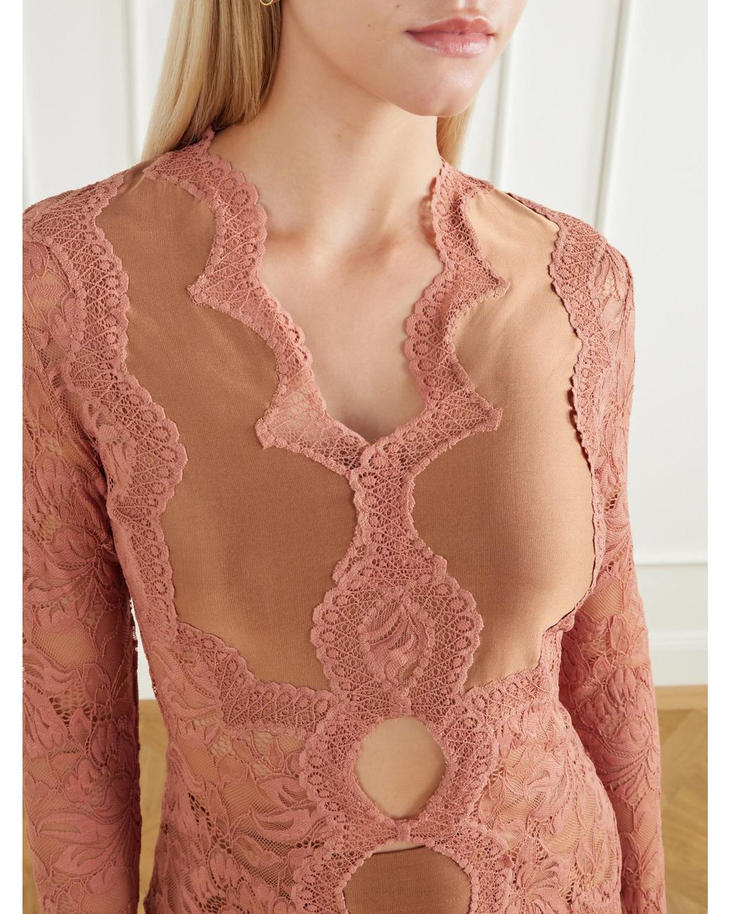 Rabanne Pink Lace-Trimmed Stretch-Satin Blouse