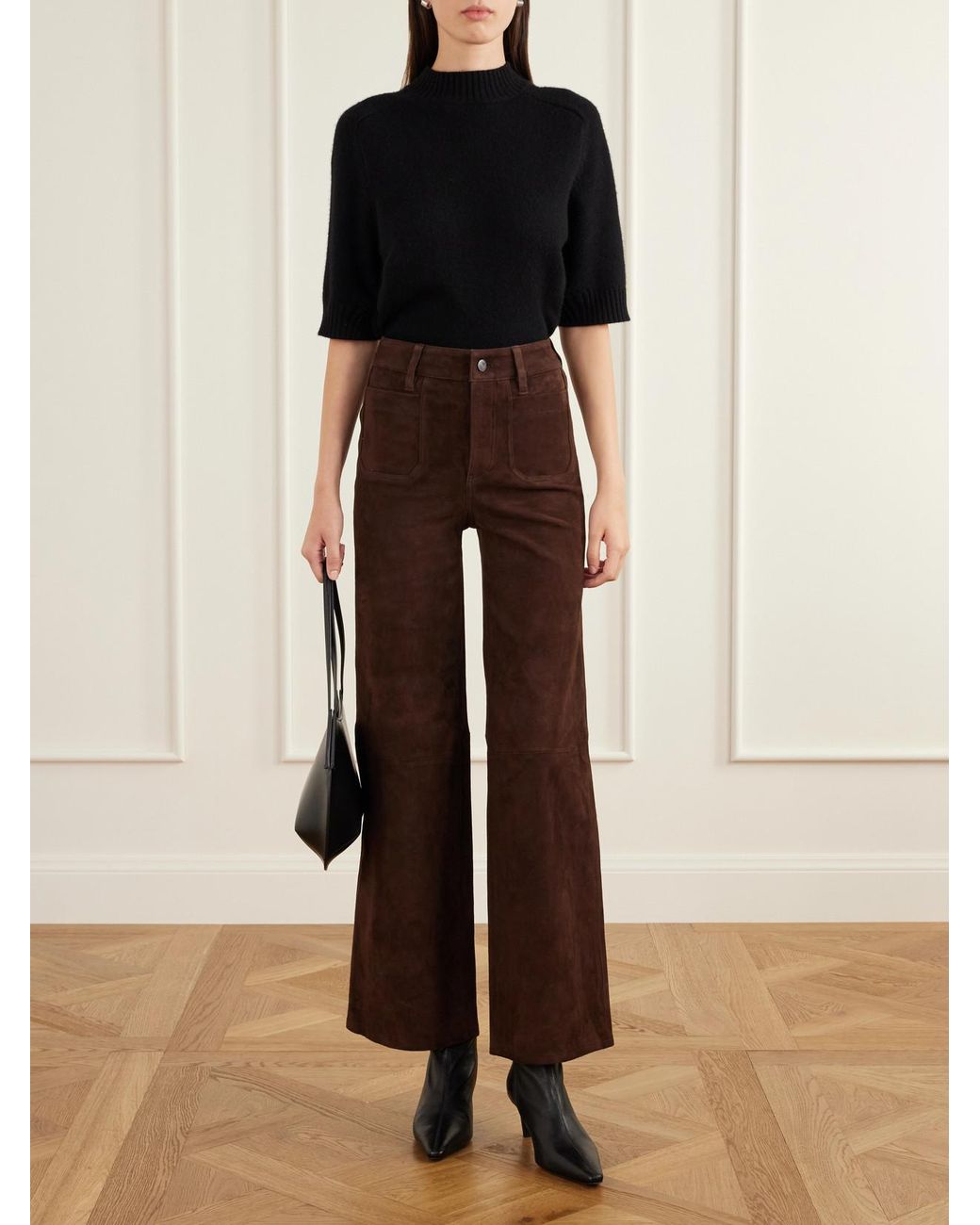 FRAME Brown Le Slim Palazzo Modernist Pocket Suede High-Rise Wide-Leg Pants