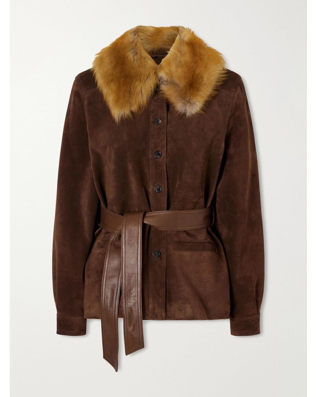 Saint Laurent Brown Belted Shearling And Leather-Trimmed Suede Jacket