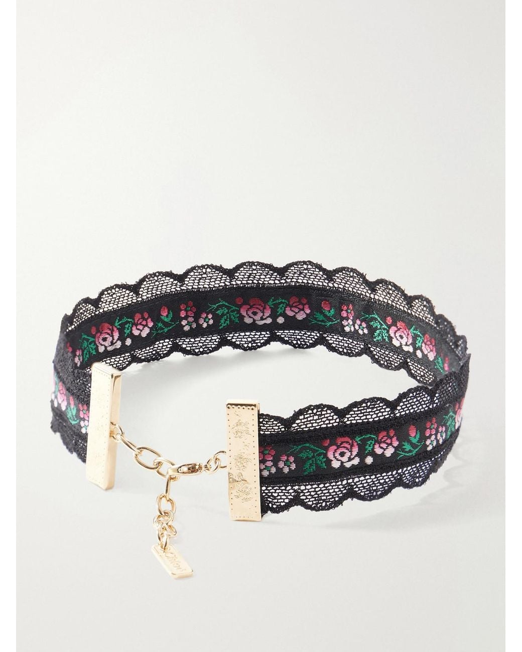 Chloé Black Ribbon Lace-Trimmed Floral-Jacquard-Tone Choker