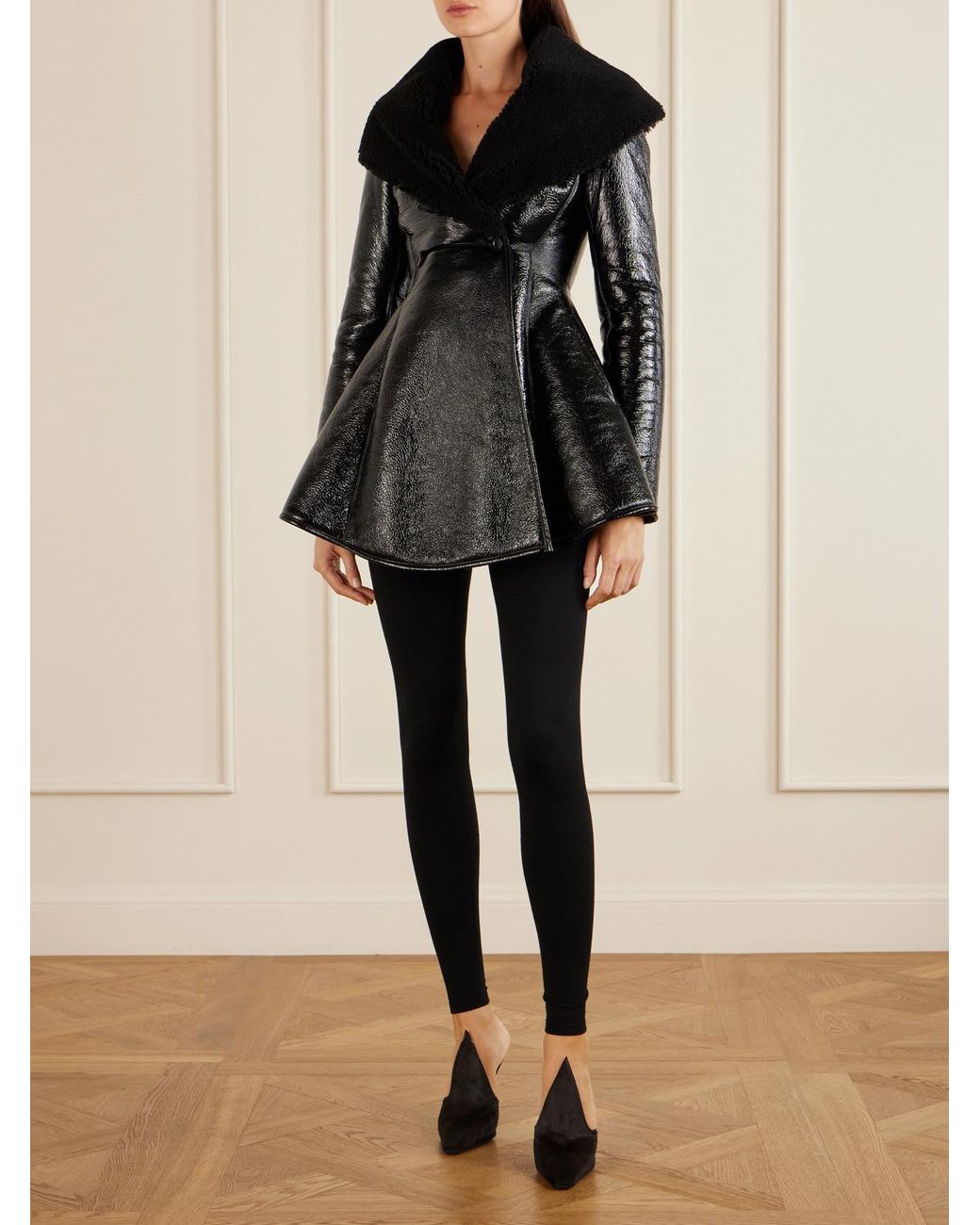 Alaïa Black Double-Breasted Paneled Shearling-Trimmed Glossed-Leather Coat