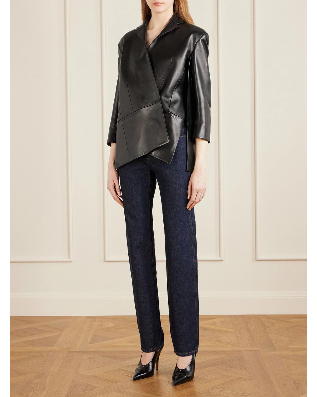 Khaite Black Asymmetric Paneled Leather Blazer
