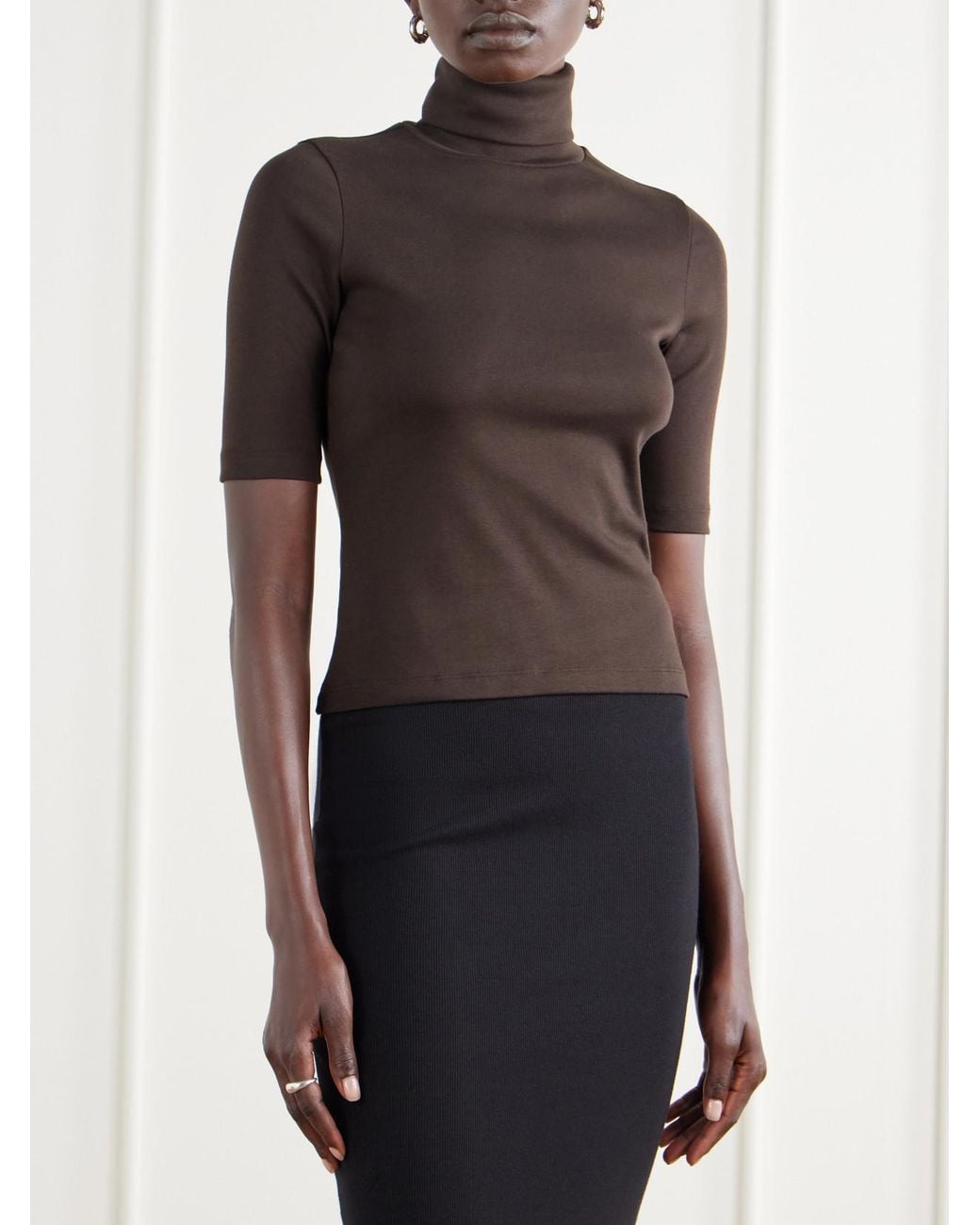 Flore Flore Brown Dinah Ribbed Organic Cotton-Jersey Turtleneck Top
