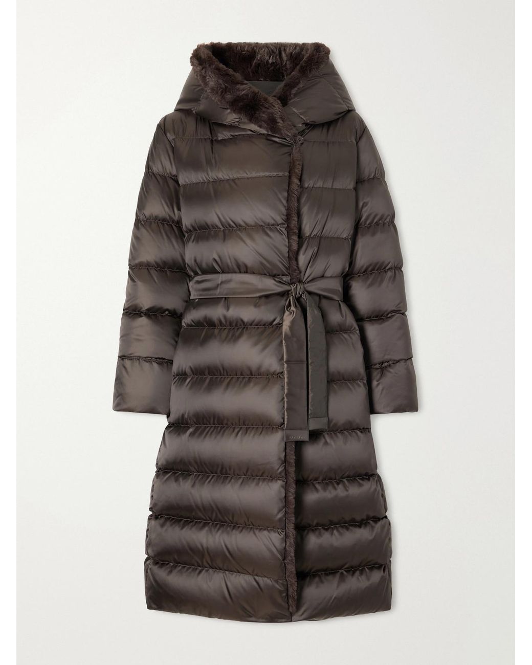 Max Mara Gray Medusa Hooded Belted Quilted Plush-Trimmed Shell Down Coat